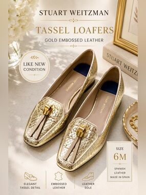 Stuart Weitzman Gold Metallic Embossed Leather Tassel Loafers 6M